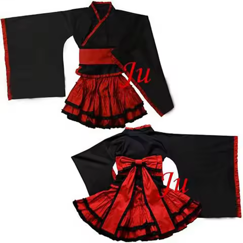 fondcosplay Gothic Lolita Punk Fashion red black cotton shirt skirt Outfit Japan Kimono Cosplay Cost