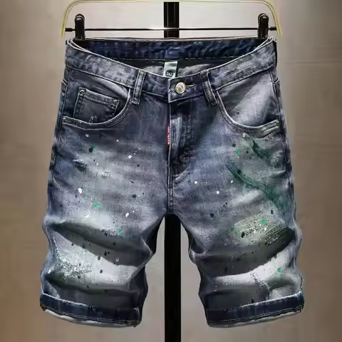 Washed Ripped Denim Men's Trendy Brand Spray Paint Medium Summer Thin Elastic Patch Bermuda Short Pa
