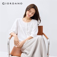 GIORDANO Women Shirts Exposed Seam Pleated Crinkle Shirts Crewneck Elbow Sleeve Gentle Simple Fashio