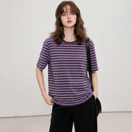 DME | เสื้อยืดคอปกสีพื้นลายขวาง แขนสามส่วนใส่สบายหลวม