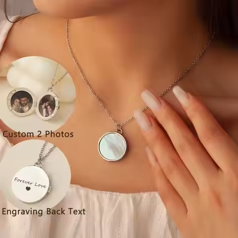 Round Pearl Locket Necklace Custom Photo Locket Pearl Locket Necklace with 2 Photos Engraved Name Je