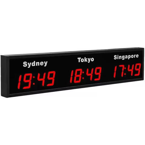 LED World Clock Displaying 3/4/5 Cities Time Digital Time Zone Clock with 12/24H Format Red Color