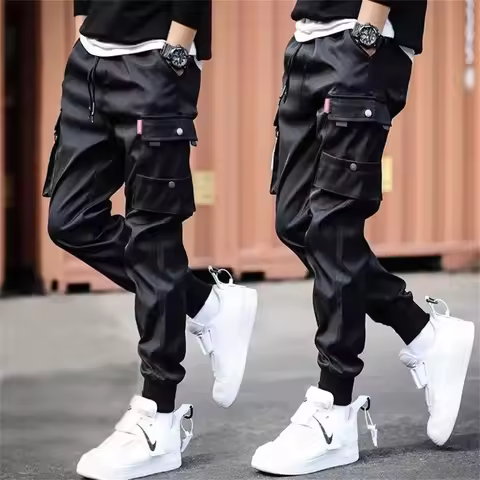 Black Casual Joggers Tech Pants Solid Summer Pants Drawstring Wide Leg Baggy Trousers Y2k Streetwear