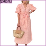Summer Maxi Dress V Neck Lace-up Waist Bubble Sleeves Solid Color Loose Long Dress for Daily Life Da