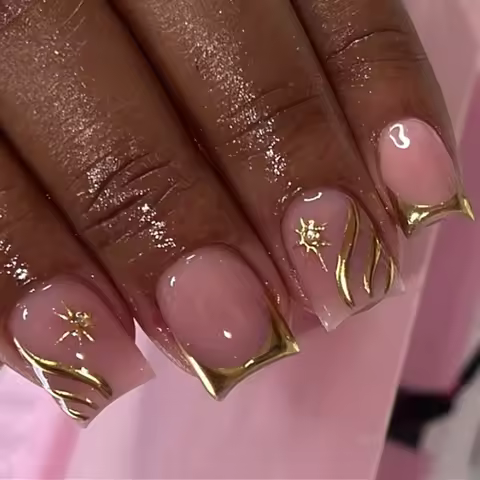 Shiny Rhinestone Stars Golden 3D Line French Nail Art Fashion Wearable Fake Nails Detachable Finishe
