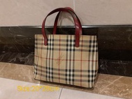 正品 真品 Burberry 英標 黑標 格紋 PVC 酒紅牛皮 tote bag 托特 中號 手提包 二手包vintage 專櫃