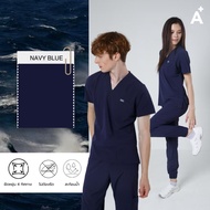 Arfi Scrub Jogger สี Navy Blue เเบบขาจั๊ม (เฉพาะเสื้อเฉพาะกางเกง) ชุดสครับทางการเเพทย์ ป้องกันเเบคที