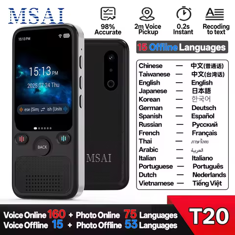 MSAI T20 Portable Translator 15 Offline Languages 98% Accuracy Tow-Way Realtime 160 Online Translati