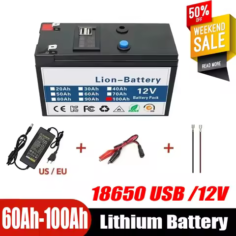 12V Battery 100Ah 18650 Rechargeable LiFePO4 Lithium Battery Built-in 5V 2.1A Usb Power Display Port