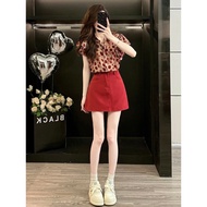 Dopamine Red Sporty Outfit - Women's Denim Skirt Set