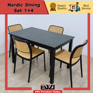 Ready Stock EWJ Dining Table Set with 3707 Big Nordic Rattan PP Plastic Chair 4 6 8 Seater Black White