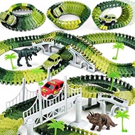 AUUGUU Kids Dinosaur Race Car Track with Flexible Track, Dino Toys, Bridge, Ramps and 2 Race Car Toy