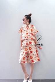 3Hre1-A ชุดbonus เสื้อเชิ้ต กางเกงขา 3 ส่วน ขาบาน เสื้ออก 46"ยาว 23”กางเกงซิปข้าง สม๊อคหลังยางยืด เอ