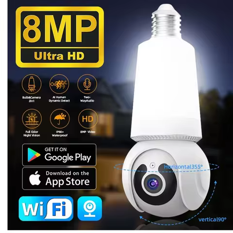 8MP E27 Bulb Camera Wifi Surveillance With LED Bulb 10X Zoom Wireless Cam 2 in 1 CCTV PTZ AI Trackin