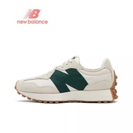 The New Balance NB 327 vintage running shoes come in grayish green for men and women