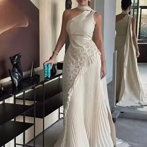 CustomizedOne Shoulder Halter A-Line Floor Length Gowns Sleeveless Satin Sweep Train Exquisite Flowe