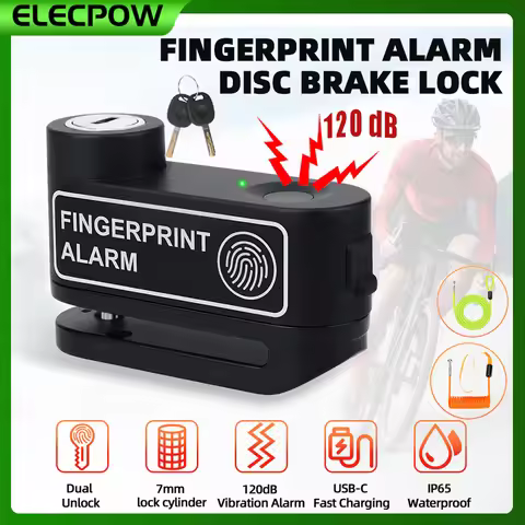 Elecpow Motorcycle Fingerprint Disc Brake Lock 120dB Anti-Theft Alarm Bicycle Scooter﻿ Wheel Disk Pa