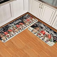 Merry Christmas Kitchen Mats for Floor 2 Piece, Berry Gnome Fruit Chalet Snowflake Black Non-Slip Ki