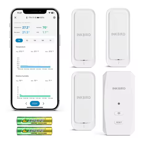 INKBIRD WiFi Gateway and Bluetooth Temperature Humidity Sensor Set (IBS-M2S-B with 3x ITH-11-B), IP6