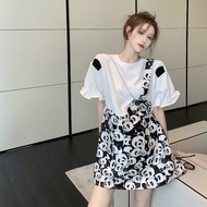 [Korean Version Medium Large Size Women's Clothing] Ready Stock Plus Size Dress Dress One-Piece Dress Loose Can Wear Within 150kg Slimmer Look Temperament Summer Style Sweet Floral Dress Plus Size Women's Clothing Summer 100kg Fat mm Loose White t-Shirt