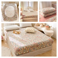 【CADAR】1 PC 100% Cotton Retro Floral Print Bedsheet All-Included Non-Slip Fitted Sheet Pillow Cover Queen King Size Bed Mattress Cover