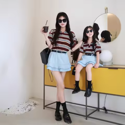 2025 Mom Daughter Matching Outfits Summer New Striped Tshirt with Mermaid Skirt Set Mommy and Me Twi