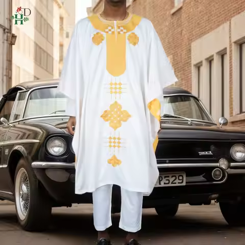 H&D African Clothing For Man Traditional Agbada Sets 3 PCS White Gold Shirt Pant Embroidery Wedding 