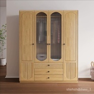 🚢Nordic Log Solid Wood Wardrobe Home Bedroom Flat Open45Door with Glass Multifunctional Storage Combination Wardrobe