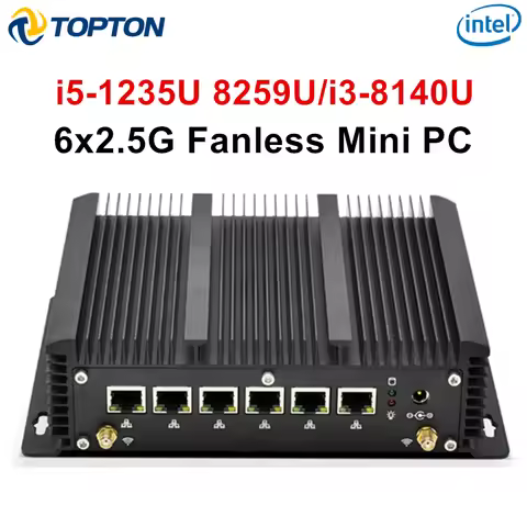 Topton 6x 2.5GbE LAN Fanless Firewall Mini PC Intel Core i5 1235U 8259U i3 DDR5 DDR4 2*COM AES-NI pf