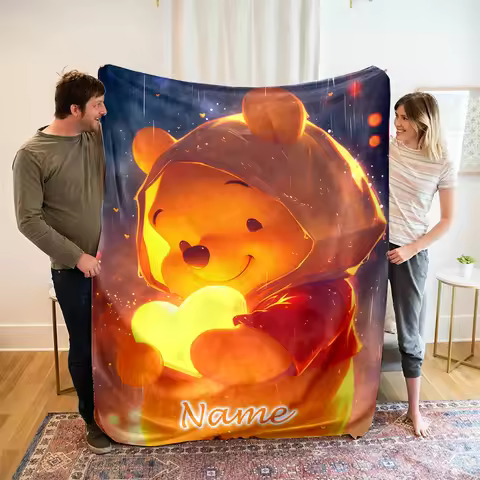 Multi-Sizes Custom Name Blanket Cute Winnie The Pooh Printing Suitable for Sofa, Bed, Travel, Campin