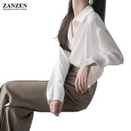 ZANZEN S-5XL Korean Blouse Satin Women Long Sleeve Loose Plain Shirt Blouse Emperament Causal Blouse