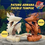 Premium Double Arowana Fish Statue 50 cm - Handcrafted Wooden Fish Decor for Living Room, Office, Ta