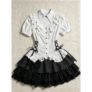 Velia Gothic Two-Piece Outfit - Lace-Up Shirt & Striped Puffed Skirt