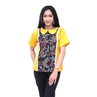 Blouse Atasan Wanita Kombinasi Batik Warna Merah Kuning Kerah Kotak Lengan Pendek Baju IMLEK 2021