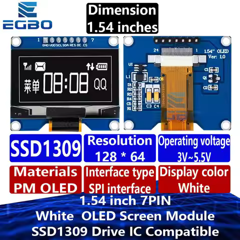 EGBO 1.54 inch 7PIN White Blue OLED Screen Module SSD1309/CH1116G Drive IC SPI Interface 128*64