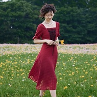 安妮陳 紅色法式方領蕾絲洋裝 氣質高級顯白顯瘦a字連衣裙