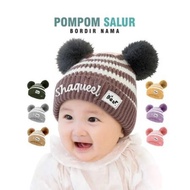 POMPOMSALUR EMBROIDERED NAME. Baby Boy Girl Striped PomPom Beanie Free Name Embroidery. Baby Boy Gir