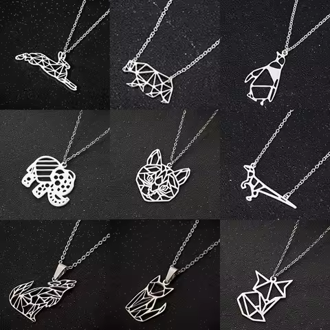 Origami Animal Stainless Steel Bear Elephant Pendant Necklace Women Cute Cat Penguin Jewelry Girls P
