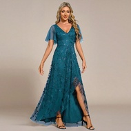 Elegant Glamorous Evening Dresses For Women Sequins Embroidered V-Neck Floral Sequin Prom Teal Blue 