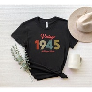 Vintage 1945 Birthday T Shirt 🎂 77th Birthday Gift For Women 100% Cotton Short Sleeve Unisex Lelaki 