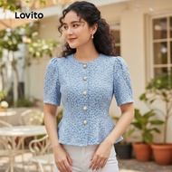 (Fashion_3) Lovito Elegant Blouse Jacquard Ruffle Hem Spring/Summer Light Blue Blouse for Women L135