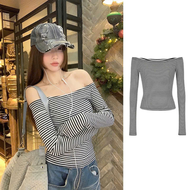 Áo thun nữ dài tay bẹt vai sọc nhí A115 chất thun Hàn thời trang hotgirl dễ phối đồ tôn dáng