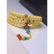 Russian Material Full Honey Yellow White Flower Tiger Skin Pattern Seiko 108 Bead Necklace