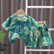 ชุดเด็ก ชุดเชทเด็กเสื้อเชิ้ตลายหมีสีเขียว ชุดเสื้อ+กางเกง งานผ้าไหมอิตาลี