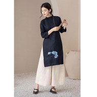 SLINEN women's innovative ao dai, Premium powdered Linen fabric with floral embroidery, youthful loo