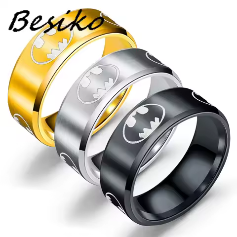 Besiko 8mm Bat Logo Black Anime Rings Stainless Steel For Women Men Anime Fans Ring Jewelry Wholesal