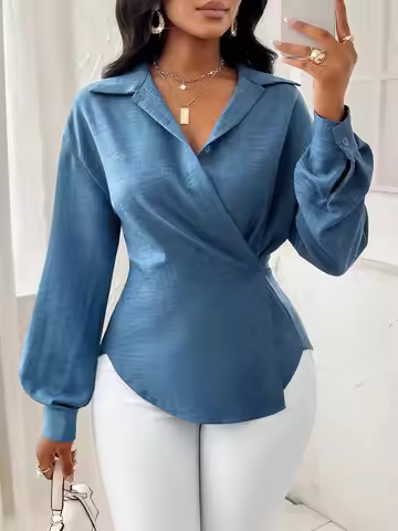 【Plus Size】 Solid Button Front Shirt, Elegant Bishop Sleeve Collared Top for Spring & Fall, Women's 