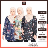 FC Mart Muslimah Floral Ironless Blouse / Baju Perempuan Labuh / Women Plus Size Top / Blause Wanita Lengan Panjang