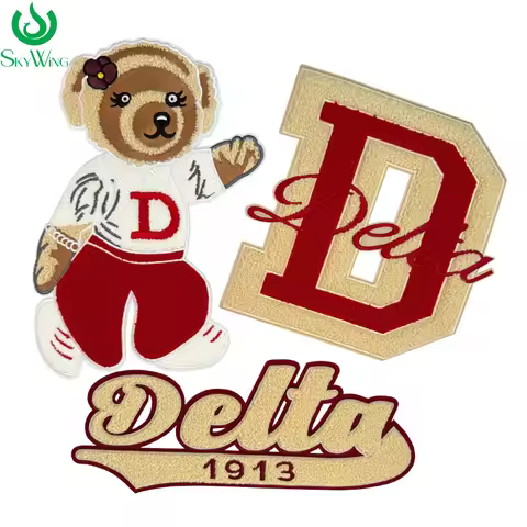 Iron Delta Sigma Theta Embroidered Chenille Patches, Delta Bear, Capital Letter D with Delta, Crimso