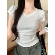 H595-593 Genuine Shoulder Hot Girl Wrinkled Round Neck T-shirt Women Summer Narrow-Waisted Slim-fit 
